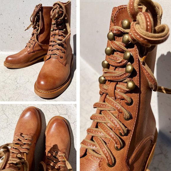 NEW Camel Brown Laced Up Zipper Back Wooden Heel Mid Calf Ankle Combat Boots - Picture 7 of 16